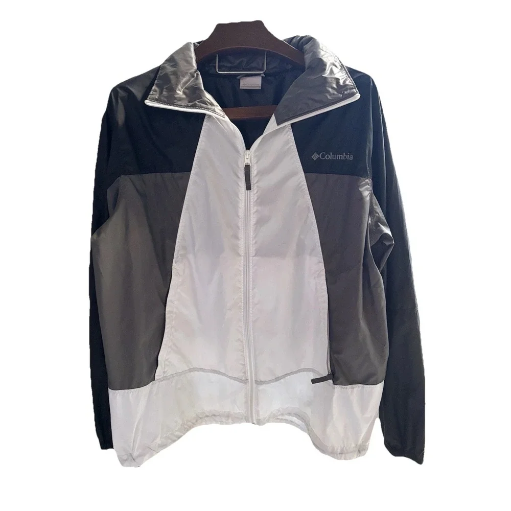 Columbia XL‎ Point Park Men Hooded LightWeight White Gray Windbreaker Packable